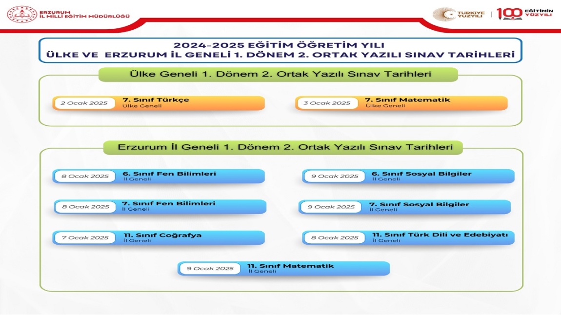 Ülke ve İl geneli 1. Dönem 2. Ortak yazılı sınav tarihleri 